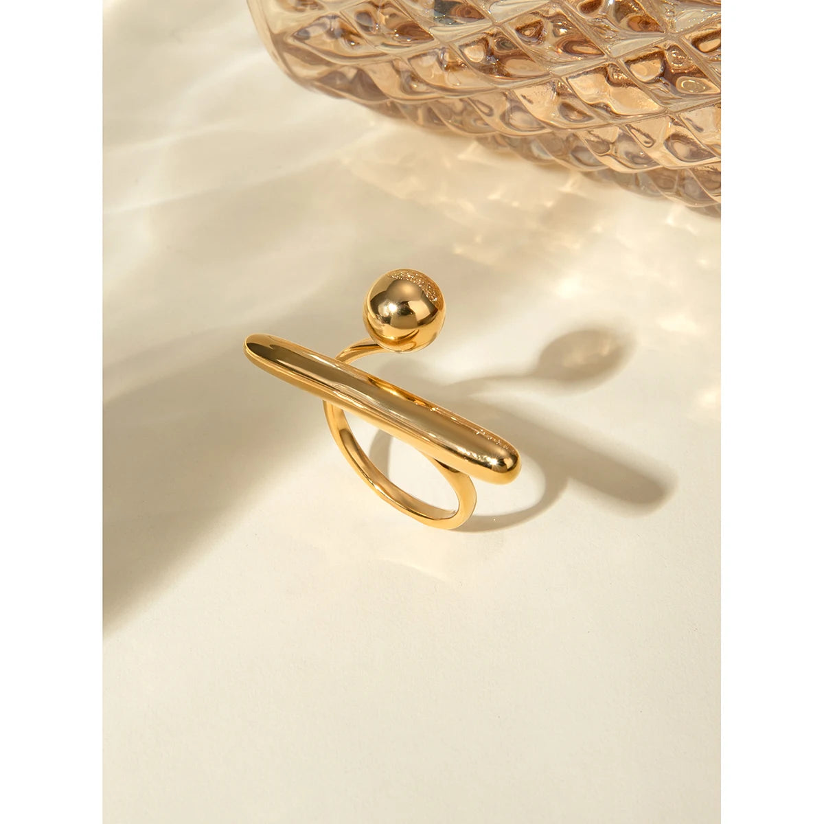 18K Statement Summer Stainless Steel PVD Plated Geometric Simplicity Opening Ring Women Sandy Beach Jewelry